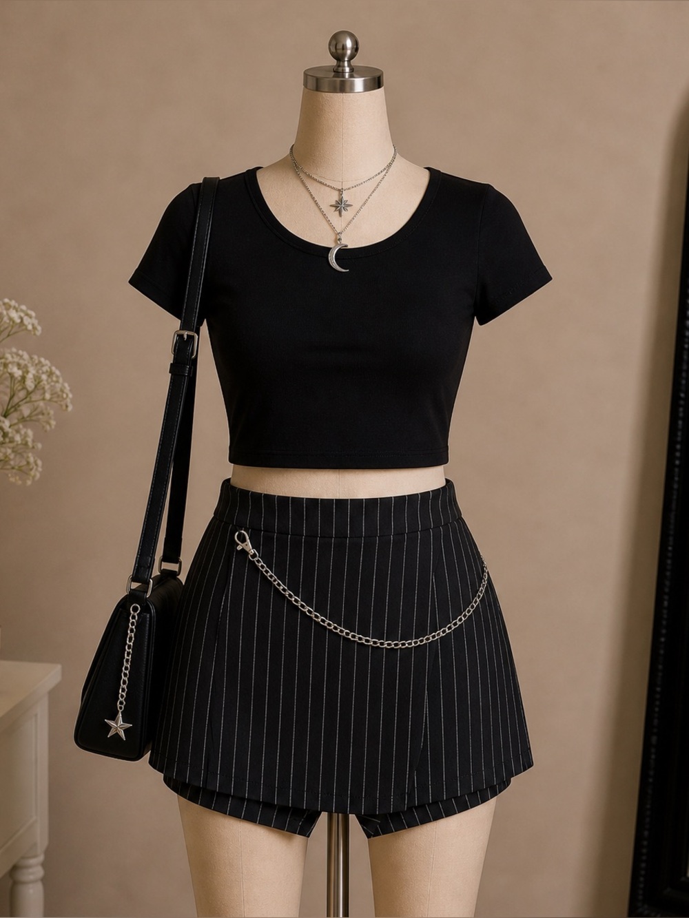 Rue21 high waist pinstripe skort silver chain black white size L Y2K